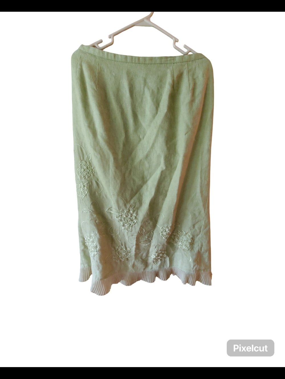Vintage Plaza South Pastel Green Linen-Blend Midi Skirt | Size 16 | Floral Embro